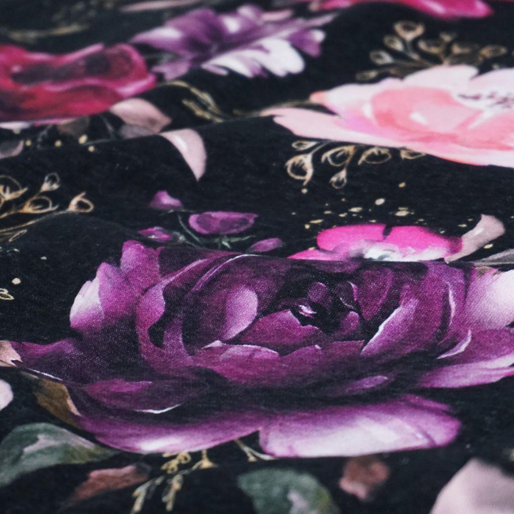 Preview: Sweat Stoff Rosenblüten pink schwarz - Glitzerpüppi